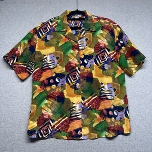 Kim Rogers Women's Polo Shirt Green‎ Frond Pattern Sz L Button Shoulder Pads 90s